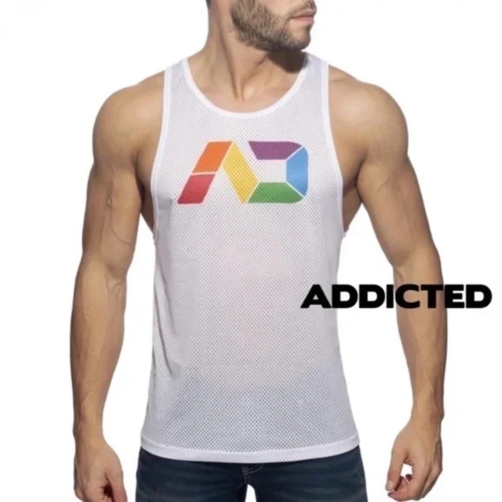 Addicted Mesh Rainbow Logo Tank Top Gently worn 100% polyester